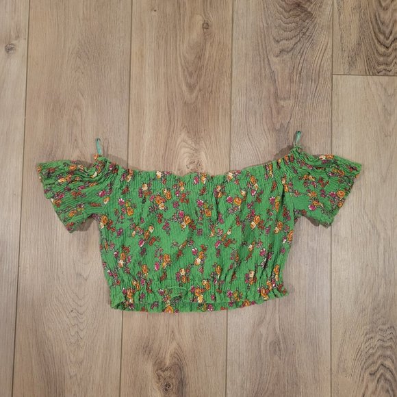 Topshop Off The Shoulder Green Floral Short Sleeve Crop Top - Picture 2 of 3